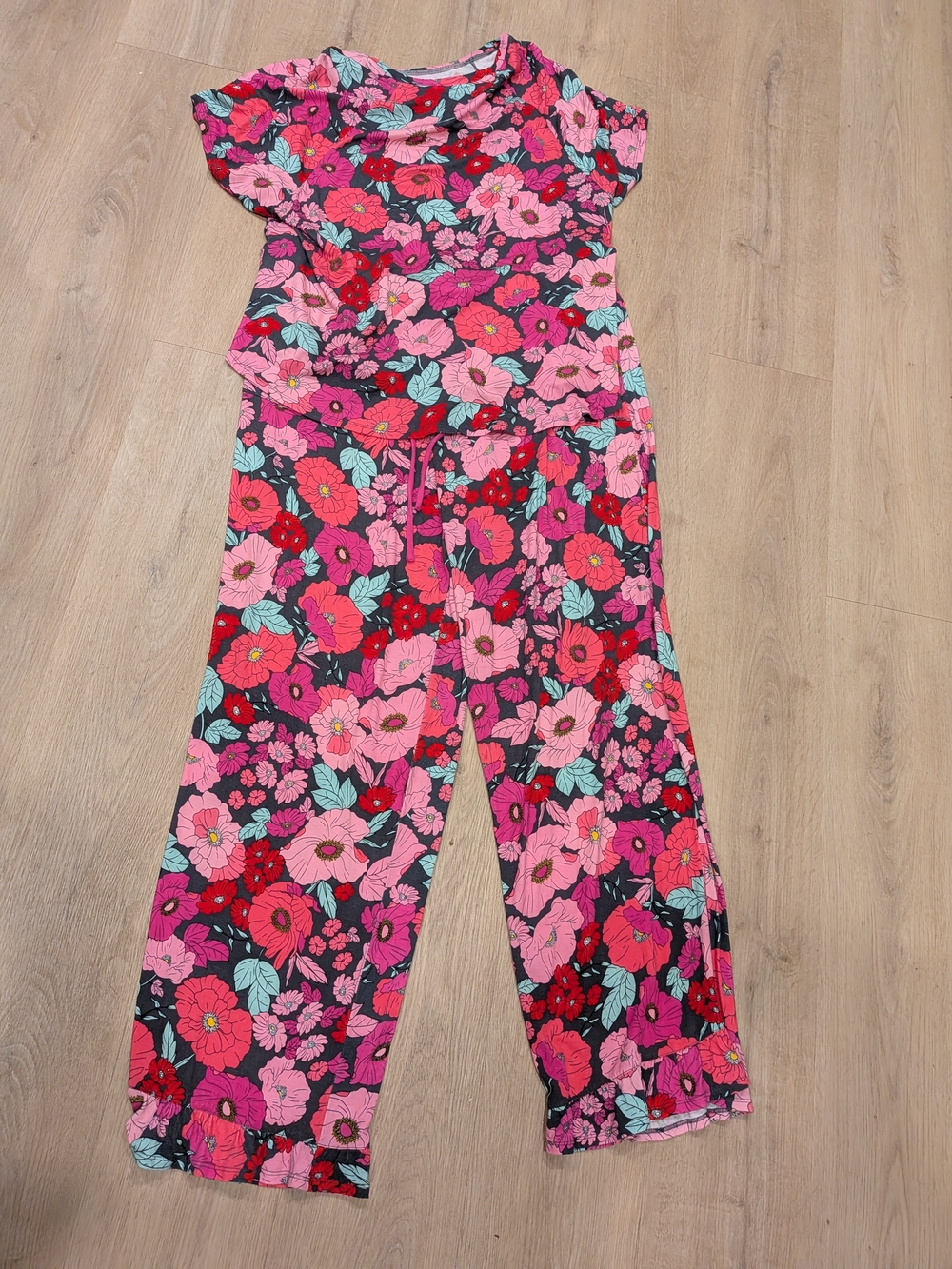 Kensie Pink Red Floral Wide-Leg Ruffle Pajama